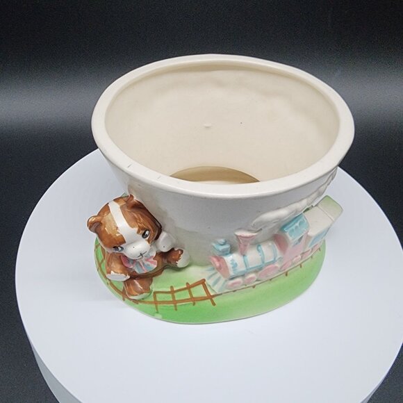 Vintage Japan Bear & Train Ceramic Planter - Pride Of The Orient Green Blue Pink - Picture 3 of 9